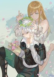  1boy barefoot blonde_hair closed_mouth dress female final_fantasy final_fantasy_xiv flower hyur long_hair minfilia_warde shadow smile thancred_waters white_dress white_hair zxin 