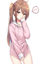  ahoge blush brown_eyes brown_hair collarbone commentary_request covering_crotch covering_privates drawstring female flying_sweatdrops hair_between_eyes hair_bobbles hair_intakes hair_ornament hand_up hood hood_down hoodie hoodie_tug long_hair long_sleeves looking_at_viewer original pink_hoodie side_ponytail sidelocks simple_background sleeves_past_wrists solo spoken_blush very_long_hair wasami_(a27678193a) white_background 