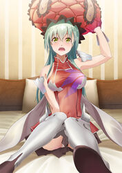  bed_sheet between_legs black_skirt cosplay covered_navel fate/grand_order fate_(series) female green_eyes green_hair hair_between_eyes hand_between_legs jacket kantai_collection long_hair looking_at_viewer marie_antoinette_(fate) marie_antoinette_(fate)_(cosplay) miniskirt open_mouth panties pillow pleated_skirt red_headwear red_jacket shiny_skin sitting skirt sleeveless sleeveless_jacket solo straight_hair suzuya_(kancolle) thighhighs underwear very_long_hair white_panties yamakou_(yamakou_e2) 