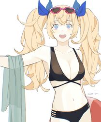  alternate_costume bare_arms bare_shoulders bikini black_bikini blonde_hair blue_eyes blue_ribbon blush breasts cleavage commentary_request cowboy_shot eyewear_on_head female gambier_bay_(kancolle) hair_between_eyes hair_ribbon heart heart-shaped_eyewear highres ichiroku_(sakumogu-029) kantai_collection large_breasts lifebuoy long_hair looking_at_viewer navel open_mouth ribbon simple_background smile solo sunglasses swim_ring swimsuit twintails white_background 