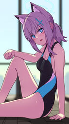  animal_ear_fluff animal_ears arm_on_knee arm_rest black_one-piece_swimsuit blue_archive blue_eyes breasts competition_swimsuit covered_navel cowboy_shot cross_hair_ornament extra_ears female grey_hair hair_ornament halo highres hiraba_6018 knee_up low_ponytail medium_breasts medium_hair mismatched_pupils multicolored_clothes multicolored_swimsuit official_alternate_costume one-piece_swimsuit shiroko_(blue_archive) shiroko_(swimsuit)_(blue_archive) sitting smile solo swimsuit wolf_ears 