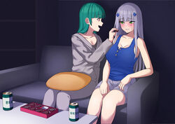  2girls alternate_costume beer_can blush box box_of_chocolates breasts can chocolate cleavage closed_eyes couch cushion drink_can eyes_visible_through_hair feeding g28_(girls&#039;_frontline) girls&#039;_frontline green_eyes green_hair grey_hair hk416_(girls&#039;_frontline) krs_(karasu) large_breasts multiple_girls red_eyes sweatdrop 