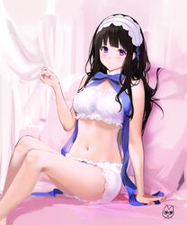  artist_logo bandeau bare_shoulders black_hair bloomers blue_ribbon bow bowtie breasts chitanda_eru feet_out_of_frame female frills hand_up headdress highres hyouka long_hair looking_at_viewer madoromi_no_yakusoku medium_breasts mery_(yangmalgage) midriff navel purple_eyes ribbon sitting solo stomach strapless thighs tube_top underwear white_bloomers 