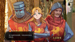  2boys armor blonde_hair brown_eyes brown_hair closed_mouth crossed_arms facial_hair female gongxiao_zao green_eyes helmet knight long_hair long_sleeves looking_at_viewer medieval mount_&amp;_blade moustache multiple_boys original outdoors polearm shield spear translation_request tree warrior weapon 