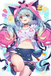  :d animal_hood aqua_hair black_choker black_skirt blue_eyes breasts choker crop_top female gradient_hair hong_(white_spider) hood hoodie indie_virtual_youtuber lanmewko leg_up long_hair long_sleeves looking_at_viewer medium_breasts midriff miniskirt multicolored_hair navel oerba_yun_fang open_clothes open_hoodie open_mouth pink_hoodie pleated_skirt prehensile_hair shirt shoes side-tie_shirt skin_fang skirt sleeves_past_fingers sleeves_past_wrists smile solo stomach twintails virtual_youtuber white_shirt 