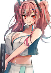  :q absurdres azur_lane bare_shoulders blush breasts bremerton_(azur_lane) bremerton_(scorching-hot_training)_(azur_lane) center_opening cleavage commentary crop_top female hair_between_eyes hair_intakes hair_ornament hairclip highres holding holding_racket huge_breasts large_breasts long_hair looking_at_viewer midriff mole mole_under_eye multicolored_hair navel navel_piercing official_alternate_costume piercing pink_hair popped_collar racket red_eyes rei_(ilust9999) shirt skirt sleeveless sleeveless_shirt sportswear streaked_hair tennis_racket tennis_uniform tongue tongue_out twintails two-tone_shirt two-tone_skirt x_hair_ornament 