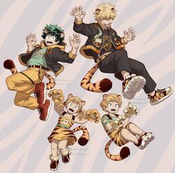  3boys animal_ears animal_hands animal_print artist_name athena_av bakugou_katsuki belt black_jacket black_pants black_shirt blonde_hair boku_no_hero_academia brown_belt brown_eyes brown_footwear chinese_zodiac claw_pose commentary dress english_commentary female freckles gloves green_eyes green_hair green_shirt grey_background highres hood hood_down hooded_jacket instagram_username jacket lolicon looking_at_viewer midoriya_izuku multiple_boys open_clothes open_jacket open_mouth overalls pants paw_gloves print_dress print_footwear print_overalls red_eyes red_footwear shimano_katsuma shimano_mahoro shirt shoes short_hair smile spiked_hair tail teeth tiger_boy tiger_ears tiger_girl tiger_print tiger_tail twintails twitter_username watermark year_of_the_tiger yellow_belt yellow_dress yellow_footwear yellow_pants 