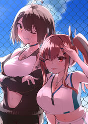  2girls ;p absurdres ahoge arm_tattoo armpits azur_lane baltimore_(azur_lane) baltimore_(black_ace)_(azur_lane) bare_shoulders black_choker black_shorts blue_sky blush braid breasts bremerton_(azur_lane) bremerton_(scorching-hot_training)_(azur_lane) brown_hair brown_jacket chain-link_fence chest_tattoo choker cleavage cloud collarbone commentary_request cowboy_shot crop_top crop_top_overhang crossed_arms day fence french_braid green_skirt grey_hair grin hair_between_eyes hair_intakes hair_ornament hairclip hand_up head_tilt heart heart_necklace highres jacket jewelry large_breasts leaning_forward long_hair long_sleeves looking_at_viewer midriff mole mole_under_eye multicolored_hair multiple_girls navel necklace oerba_yun_fang off_shoulder official_alternate_costume one_eye_closed outdoors partially_unzipped pink_eyes pink_hair ryou_(ryo_217cafe) salute shirt short_hair short_shorts shorts shoulder_tattoo sidelocks skirt sky sleeveless sleeveless_shirt smile sports_bra sportswear standing streaked_hair tattoo tennis_uniform tongue tongue_out twintails two-tone_hair two-tone_skirt white_shirt white_skirt white_sports_bra yellow_eyes 