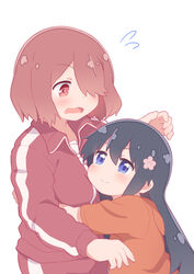  2girls :t age_difference black_hair blue_hair blush brown_hair commentary_request flower hair_flower hair_ornament hair_over_one_eye hatafuta hoshino_miyako_(wataten) hug jacket long_hair multiple_girls onee-loli orange_eyes red_jacket red_track_suit shirosaki_hana short_hair surprised track_jacket track_suit upper_body v-shaped_eyebrows watashi_ni_tenshi_ga_maiorita! wavy_mouth white_background yuri 