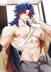  1boy abs archieloras bandaged_hand bandages blade_(honkai:_star_rail) english_text hair_over_one_eye highres honkai:_star_rail honkai_(series) indoors long_hair male_focus muscular muscular_male nipples pants parted_bangs parted_lips pectorals red_eyes scar solo sweatdrop twitter_username upper_body 