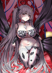  absurdres alternate_costume animal_print azur_lane between_breasts blue_ribbon blush bra breasts brown_eyes cleavage commentary_request cow_print female formidable_(azur_lane) grey_panties hair_between_eyes hair_ornament heart highres large_breasts lingerie long_hair looking_at_viewer md5_mismatch navel panties partial_commentary photoshop_(medium) red_eyes ribbon shaded_face sitting solaris_(sinhyg) solo twintails underwear very_long_hair 