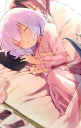  2girls backlighting bat_wings blue_hair brown_hair closed_eyes commentary futon hair_tubes hair_tubes_removed hakurei_reimu hug long_sleeves lying multiple_girls pillow remilia_scarlet short_hair sleeping sleepwear symbol-only_commentary touhou wings yuki_(popopo) yuri 