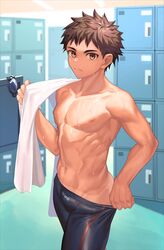  1boy abs brown_eyes brown_hair bulge closed_mouth commentary_request cowboy_shot highres legskin locker locker_room looking_at_viewer male_focus male_swimwear male_swimwear_pull navel nayoshi_(r-744) nipples original pulling_own_clothes short_hair solo toned toned_male topless_male towel towel_on_one_shoulder 