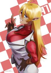  aged_up artist_name aura_bella_fiora blonde_hair breasts dark-skinned_female dark_elf dark_skin elf female gloves grin jewelry large_breasts long_hair masiro necklace overlord_(maruyama) pointy_ears red_shirt shirt simple_background smile solo v vest white_vest 