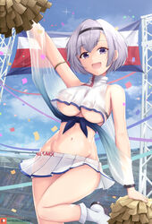  :d arm_up armlet azur_lane bare_shoulders boots breasts cheerleader commentary crop_top crop_top_overhang female grey_hair groin hairband highres holding holding_pom_poms joko_jmc large_breasts leg_up looking_at_viewer midriff miniskirt navel no_panties official_alternate_costume open_mouth pleated_skirt pom_pom_(cheerleading) purple_eyes reno_(azur_lane) reno_(biggest_little_cheerleader)_(azur_lane) see-through shirt short_hair skirt sleeveless sleeveless_shirt smile solo stomach thighs underboob white_shirt white_skirt 