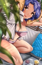  :d absurdres antenna_hair arms_up bad_id bad_twitter_id bare_legs bikini blue_hair blue_skirt blurry blurry_foreground blush bow bow_bikini breasts cleavage couch drying drying_hair electric_fan female food green_bow hanamasa_ono highres ice_cream ice_cream_spoon idolmaster idolmaster_million_live! large_breasts long_sleeves looking_at_viewer on_couch open_mouth orange_eyes parted_bangs plant polka_dot polka_dot_skirt potted_plant shirt short_hair skirt smile solo spoon strapless strapless_bikini swimsuit thighs towel toyokawa_fuka white_shirt window window_blinds 