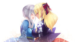  2girls alternate_costume bad_id bad_pixiv_id blonde_hair blue_kimono blush bow braid breasts cait_aron closed_eyes commentary_request dark-skinned_female dark_skin elf floral_print grey_hair hair_between_eyes hair_ornament hairbow highres hololive japanese_clothes kimono large_breasts long_hair long_sleeves multiple_girls official_alternate_costume open_mouth photoshop_(medium) pointy_ears purple_kimono shiranui_flare shiranui_flare_(new_year) shirogane_noel shirogane_noel_(new_year) short_hair simple_background smile snowflake_print virtual_youtuber white_background 