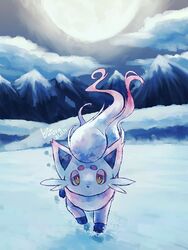  animal_focus blue_eyes cloud cloudy_sky commentary_request full_moon hisuian_zorua kuzukazura looking_at_viewer moon mountain night no_humans pokemon pokemon_(creature) sky snow snow_print solo 