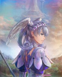  blue_eyes braid commentary crown_braid english_commentary female floating_city forest grey_hair head_wings highres holding holding_staff juliet_sleeves long_sleeves melia_antiqua nature profile puffy_sleeves sky solo staff stephanie_sybydlo upper_body watermark wings xenoblade_chronicles:_future_connected xenoblade_chronicles_(series) xenoblade_chronicles_1 