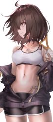  ahoge azur_lane ball baltimore_(azur_lane) baltimore_(black_ace)_(azur_lane) bare_shoulders black_jacket black_shorts breasts brown_hair choker commentary_request cowboy_shot crop_top female highres holding jacket looking_away medium_breasts midriff nakasaku-p navel off_shoulder official_alternate_costume open_clothes open_jacket profile racket shirt short_hair short_shorts shorts simple_background sleeveless sleeveless_shirt solo sports_bra stomach tattoo tennis_racket white_background white_shirt white_sports_bra yellow_eyes 