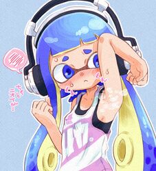  :&lt; arm_up armpits bare_arms bare_shoulders blue_background blue_eyes blue_hair blush breasts closed_mouth collarbone covered_nipples female hand_up headphone-chan_(splatoon) headphones highres ikaheigen inkling inkling_girl inkling_player_character long_hair nose_blush outline sideboob small_breasts solo speech_bubble splatoon_(manga) splatoon_(series) spoken_blush steaming_body suction_cups sweat tank_top tentacle_hair white_outline 