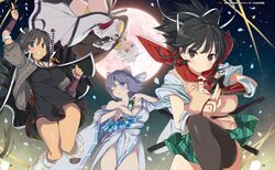  4girls :o adjusting_scarf armor armpit_crease ass asuka_(senran_kagura) bandaged_arm bandages bare_shoulders between_breasts black_dress black_hair black_thighhighs blue_eyes blush bow breasts bridal_gauntlets brown_eyes brown_footwear brown_jacket cleavage collarbone commentary crossover dark-skinned_female dark_skin dress dual_wielding english_commentary falling_petals floral_print folding_fan full_moon green_eyes green_skirt grey_hair hair_ribbon hairbow hand_fan high_collar high_ponytail holding holding_fan holding_scroll holding_weapon homura_(senran_kagura) jacket japanese_armor japanese_clothes katana kimono kote kunai large_breasts long_hair looking_at_viewer loose_socks low_neckline miyabi_(senran_kagura) moon multiple_girls multiple_swords neptune_(series) ninja official_art one_eye_closed open_mouth page_number panties paper_fan petals plaid plaid_skirt ponytail promotional_art red_scarf reverse_grip ribbon ribbon-trimmed_kimono ribbon-trimmed_sleeves ribbon_trim saya_(scabbard) scan scarf school_uniform scroll senran_kagura senran_kagura_estival_versus senran_kagura_shinovi_versus senran_kagura_shoujo-tachi_no_shin&#039;ei senran_nin_nin_ninja_taisen_neptune:_shoujo-tachi_no_kyouen sheath sheathed shiny_skin shirt short_hair short_ponytail short_sleeves short_sword shuriken skirt slit_pupils smile socks striped striped_bow sweater_vest sword tan teeth thighhighs third-party_source translation_request tsuka-ito tsuka_(handle) underwear v-shaped_eyebrows very_long_hair vest wakizashi weapon white_bow white_hair white_kimono white_ribbon white_shirt yaegashi_nan yellow_eyes yellow_panties yumi_(senran_kagura) 