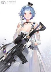  assault_rifle bare_shoulders black_hairband blue_hair breasts cleavage collarbone commentary crown dress earrings expressionless eyes_visible_through_hair female girls&#039;_frontline gloves gun hair_ornament hair_over_one_eye hairband hand_in_own_hair highres holding holding_weapon jewelry kalashnikov_rifle medium_breasts official_alternate_costume parted_lips pixiv_id plumw red_eyes rifle scope short_hair single_earring solo weapon weibo_watermark white_background white_dress white_gloves zas_m21_(girls&#039;_frontline) zas_m21_(white_queen)_(girls&#039;_frontline) zastava_m21 