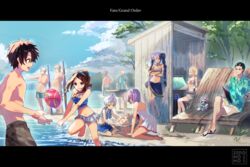  4girls 6+boys :d barefoot beach bench bikini bikini_skirt black_hair blonde_hair blue_bikini blue_eyes blue_shirt blue_sky braid breasts brown_hair captain_nemo_(fate) carimarica cleavage closed_eyes cloud command_spell commentary_request computer copyright_name crossed_arms cup day dress eyewear_on_head facial_hair fate/grand_order fate_(series) fou_(fate) fujimaru_ritsuka_(male) goredolf_musik hawaiian_shirt holding holding_cup jeancle_abel_meuniere kneeling large_breasts leonardo_da_vinci_(fate) leonardo_da_vinci_(rider)_(fate) letterboxed long_hair male_swimwear mash_kyrielight mash_kyrielight_(swimsuit_of_perpetual_summer) midriff monitor moustache multiple_boys multiple_girls navel nemo_(fate) ocean official_alternate_costume open_mouth outdoors pointing purple_eyes purple_hair sand_sculpture sandals sarong shed sherlock_holmes_(fate) shirt short_hair sion_eltnam_sokaris sitting sky smile sunglasses swim_trunks swimsuit sylvia_(fate) tree twin_braids volleyball white_dress 