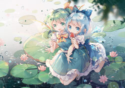  2girls ahoge blue_bow blue_dress blue_eyes blue_hair bow bowtie cirno commentary_request daiyousei detached_wings dress eating fairy_wings flower food food_theft frilled_skirt frills full_body green_eyes green_hair green_skirt green_vest hair_ribbon hairbow holding holding_food ice ice_wings lily_pad looking_at_viewer lotus multiple_girls open_mouth outdoors ponytail popsicle puffy_short_sleeves puffy_sleeves rain ribbon rokusai short_hair short_sleeves skirt touhou vest water water_drop watermelon_bar wings yellow_bow yellow_bowtie yellow_ribbon 