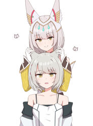  2girls absurdres animal_ears camisole cat_ears chirun0 ear_covers english_commentary grey_hair hand_on_another&#039;s_ear highres jacket light_blush looking_at_another mio_(xenoblade) mother_and_daughter multiple_girls nia_(xenoblade) off_shoulder short_hair simple_background smile upper_body very_long_ears xenoblade_chronicles_(series) xenoblade_chronicles_3 yellow_eyes 