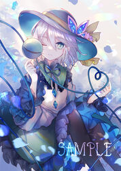  black_hat black_pantyhose blouse blue_bow blue_bowtie bow bowtie bug butterfly closed_mouth commentary_request crystal female frills green_eyes green_skirt hair_between_eyes hand_up hat hat_bow heart heart_of_string jewelry kazu_(muchuukai) komeiji_koishi light long_sleeves looking_at_viewer one_eye_closed pantyhose petals sample_watermark shadow shirt short_hair skirt smile solo split_mouth third_eye touhou watermark white_hair wide_sleeves wings yellow_bow yellow_shirt 