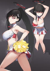  alternate_costume armpits arms_up ass bare_legs black_hair blue_archive breasts cheerleader cleavage closed_eyes commentary_request cosplay crop_top detached_collar female halo hibiki_(blue_archive) hibiki_(blue_archive)_(cosplay) hibiki_(cheer_squad)_(blue_archive) highres holding holding_pom_poms kumanomi large_breasts long_hair looking_at_viewer millennium_cheerleader_outfit_(blue_archive) miniskirt multiple_views partial_commentary pom_pom_(cheerleading) ponytail red_eyes rio_(blue_archive) single_sidelock skirt sweatdrop tying_hair very_long_hair 