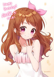  aikatsu! aikatsu!_(series) aikatsu_on_parade! bad_id bad_pixiv_id bare_arms bare_shoulders blush braid brown_background brown_hair character_name closed_mouth commentary_request crown_braid dated dress female gradient_background hair_ribbon hand_up happy_birthday long_hair ozora_akari pink_ribbon purple_eyes ribbon sleeveless sleeveless_dress smile solo sparkle twitter_username white_background white_dress yumoran 