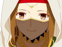  brown_eyes brown_hair earrings fate/grand_order fate_(series) female highres hoop_earrings jewelry looking_at_viewer maou_(ajtdmw369) mouth_veil necklace portrait red_headwear siduri_(fate) smile solo veil white_hood 