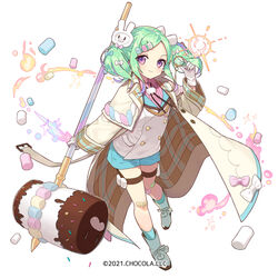  ankle_boots bandaid bandaid_on_knee bandaid_on_leg blue_bow blue_shorts blue_socks boots bow brown_jacket closed_mouth collared_shirt commentary_request copyright_notice female food full_body gloves green_hair hairbow hammer hand_up holding jacket long_sleeves marshmallow marshmallow_(sugar_conflict) miyoshino monocle official_art open_clothes open_jacket pink_bow pink_shirt plaid_sleeves purple_eyes ribbed_shirt shirt short_shorts shorts simple_background sleeves_past_wrists smile socks solo sugar_conflict twintails vest white_background white_bow white_footwear white_gloves white_vest wide_sleeves 