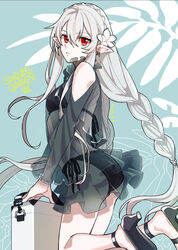  ankleband arknights ass bare_shoulders bikini bikini_under_clothes black_footwear black_shirt braid case colored_skin crown_braid female flower frown hair_between_eyes high_heels kneeling long_hair looking_at_viewer nishi_juuji official_alternate_costume pointy_ears red_eyes see-through see-through_shirt shirt side-tie_bikini_bottom slit_pupils solo swimsuit very_long_hair warfarin_(arknights) warfarin_(casual_vacation)_(arknights) white_flower white_hair white_skin 