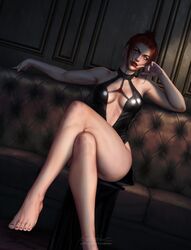  1girls alternate_version_available black_dress bloodrayne breasts clothed clothed_female clothes clothing dhampir fangs feet female female_only foot_fetish fully_clothed green_eyes half_vampire krysdecker latex legs_crossed nail_polish rayne red_hair red_lipstick sitting sofa solo solo_female vampire 