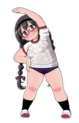  akemi_homura black_hair blush braid breasts buruma commentary_request fat female full_body glasses gym_uniform hair_ribbon hairband hand_on_own_hip highres long_hair mahou_shoujo_madoka_magica mahou_shoujo_madoka_magica_(anime) medium_breasts navel plump purple_eyes red-framed_eyewear ribbon shoes simple_background solo spoilers standing stretching sweat twin_braids twintails uwabaki wet wet_clothes white_background yoshino_norihito 