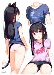  aged_down animal_ears animal_print artist_name ass bad_id bad_pixiv_id bird_print black_hair blue_shirt breasts cat_ears cat_tail collarbone commentary contrapposto english_commentary female floral_print from_behind kimoshi koe_no_katachi leaning_back long_hair looking_at_viewer multiple_views no_pants palm_tree palm_tree_print panties pink_panties pink_shirt purple_eyes shirt short_shorts shorts simple_background sitting small_breasts standing t-shirt tail tree ueno_naoka underwear white_background 