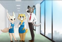  2018 absurd_res aggretsuko ailurid anthro blush breasts business_attire businesswear canid canine clothed clothing digital_drawing_(artwork) digital_media_(artwork) eyelashes female fennec_fox fenneko fox fur group haida_(aggretsuko) hi_res hyena looking_at_viewer male mammal open_mouth plushkinn red_panda retsuko sanrio sharp_teeth smile spotted_hyena standing teeth true_fox 