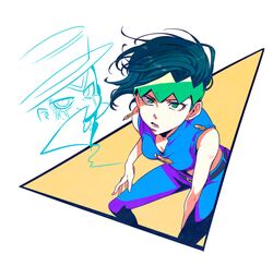  bad_id bad_pixiv_id blue_hair diamond_wa_kudakenai earrings female genderswap_(mtf) green_eyes headband heaven&#039;s_door jewelry jojo_no_kimyou_na_bouken kishibe_rohan matcha_cream_v rule_63 solo stand_(jojo) 