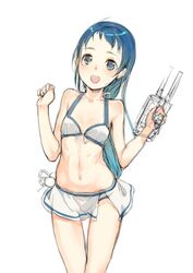  bikini bikini_skirt blue_eyes blue_hair blush branch_(blackrabbits) commentary_request cowboy_shot female gun kantai_collection long_hair looking_at_viewer navel open_mouth samidare_(kancolle) simple_background smile solo swimsuit weapon white_background white_bikini 