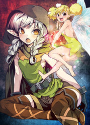  2girls :d :o bare_shoulders barefoot belt blonde_hair boots braid brown_eyes cherry cloak collaboration commentary_request cross-laced_footwear dragon&#039;s_crown dress elf elf_(dragon&#039;s_crown) fairy fairy_wings food fruit gloves hood multiple_girls open_mouth photoshop_(medium) pointy_ears shorts sleeveless smile thigh_boots thighhighs tiki_(dragon&#039;s_crown) tsutsui_taishi tunic twin_braids uousa-ou wings 