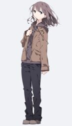  blue_eyes brown_hair casual commentary_request female full_body highres jacket looking_at_viewer messy_hair original shimano shirt short_hair simple_background smile solo wind 