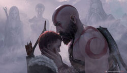  2girls 3boys artist_name athena_(god_of_war) atreus bald beard bodypaint bow_(weapon) breasts closed_eyes closed_mouth commentary english_commentary facial_hair father_and_son freya_(god_of_war) god_of_war hand_on_another&#039;s_neck kratos_(god_of_war) mature_male moustache multicolored_clothes multiple_boys multiple_girls muscular quiver short_hair spoilers weapon wlop zeus_(god_of_war) 