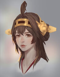  ahoge backlighting bad_id bad_pixiv_id brown_eyes brown_hair chou_xxx double_bun female grey_background hair_bun hairband headgear highres kantai_collection kongou_(kancolle) lips lipstick long_hair looking_at_viewer makeup nontraditional_miko nose photoshop_(medium) portrait realistic solo 