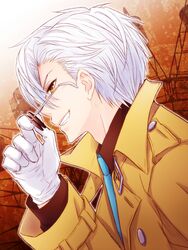  1boy aihara_kaya blue_necktie brown_coat coat commentary_request from_side gloves grin long_sleeves looking_at_viewer male_focus necktie noah&#039;s_notes noah_minami_umberbach orange_eyes removing_eyewear smile smirk solo sunglasses teeth upper_body white_gloves white_hair 