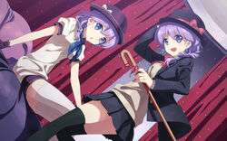  2girls :d :o black_legwear blazer blue_eyes cane coat curtains djmax djmax_portable earrings gloves hand_on_headwear hat highres jacket jewelry ladymade_star looking_at_viewer looking_back multiple_girls nina_klatt open_mouth purple_hair school_uniform sehra_klatt siblings side_ponytail sisters skirt smile thighhighs twins white_legwear yuuki_tatsuya zettai_ryouiki 