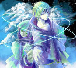  1boy blonde_hair blue_eyes cloak cloud commentary_request dual_persona green_eyes harkat_mulds hood hooded_cloak kurda_smahlt looking_at_viewer monster_boy outstretched_arm scar scar_on_cheek scar_on_face short_hair skn_nks smile the_saga_of_darren_shan 