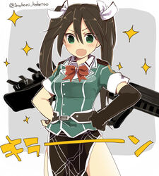  brown_hair commentary female gloves green_eyes hair_ribbon hands_on_own_hips kantai_collection long_hair nozomu144 pelvic_curtain ribbon smile solo tone_(kancolle) tone_kai_ni_(kancolle) twintails white_ribbon 